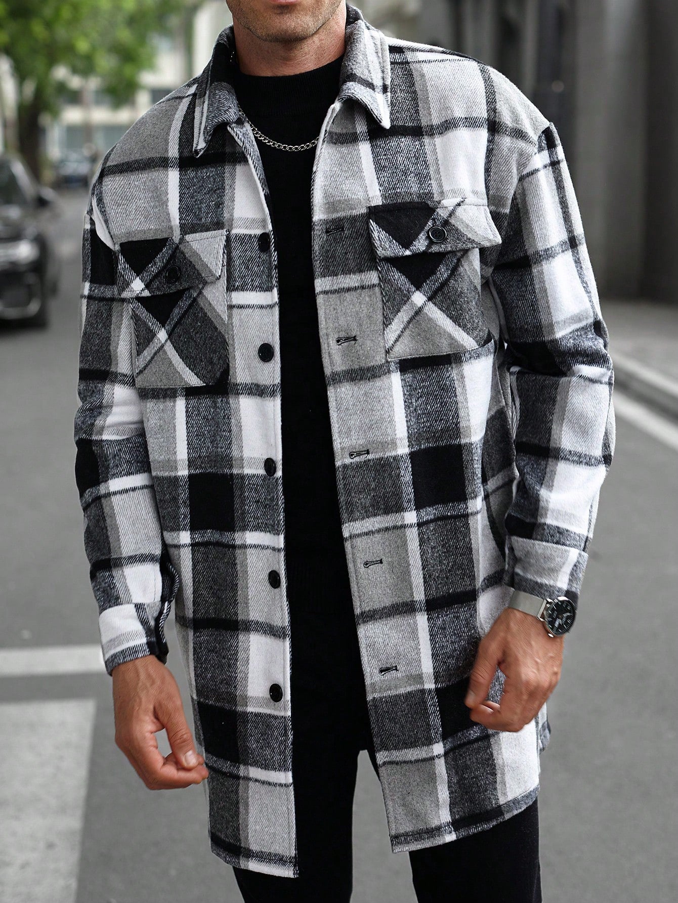 Men's Long Casual Button Shirt Jacket With Double Pockets