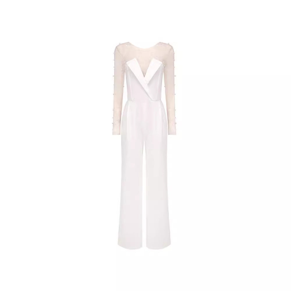 Casual jumpsuit with moss mesh top