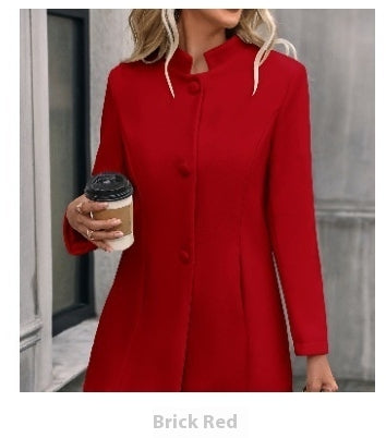 European And American New Fall And Winter Lapels Slim-fit Wool Solid Color Fashion Temperament Coat