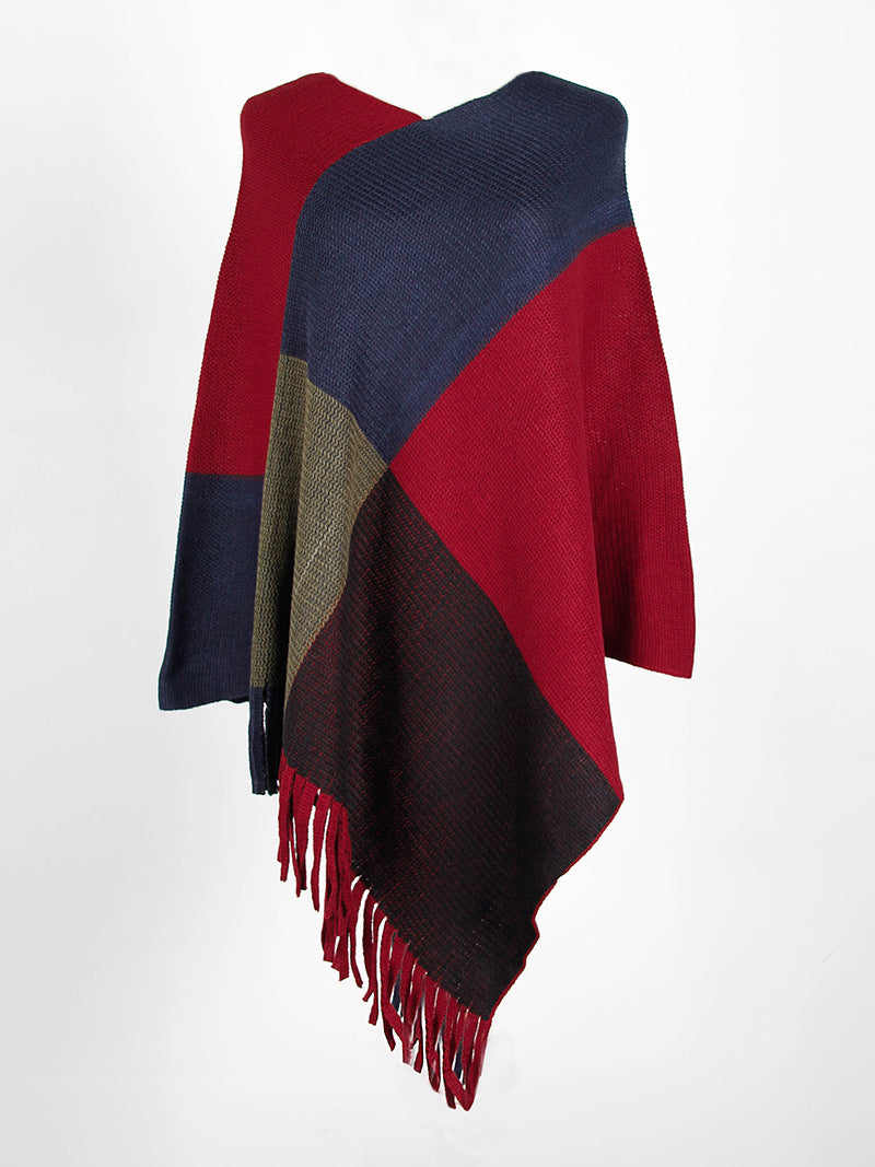 Shawl cape fringed colorblock women's coat