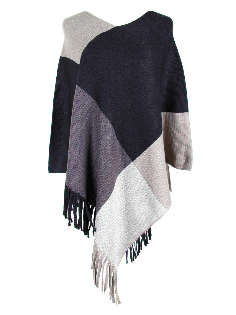 Shawl cape fringed colorblock women's coat