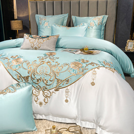 Parure de lit de luxe quatre pièces avec broderie de fleurs de champagne européen