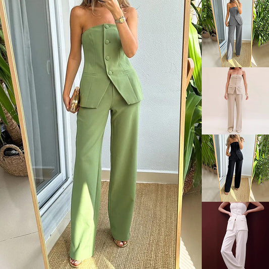 Women's Elegant Top and Straight Pants Set, Trendy Button Sleeveless Top