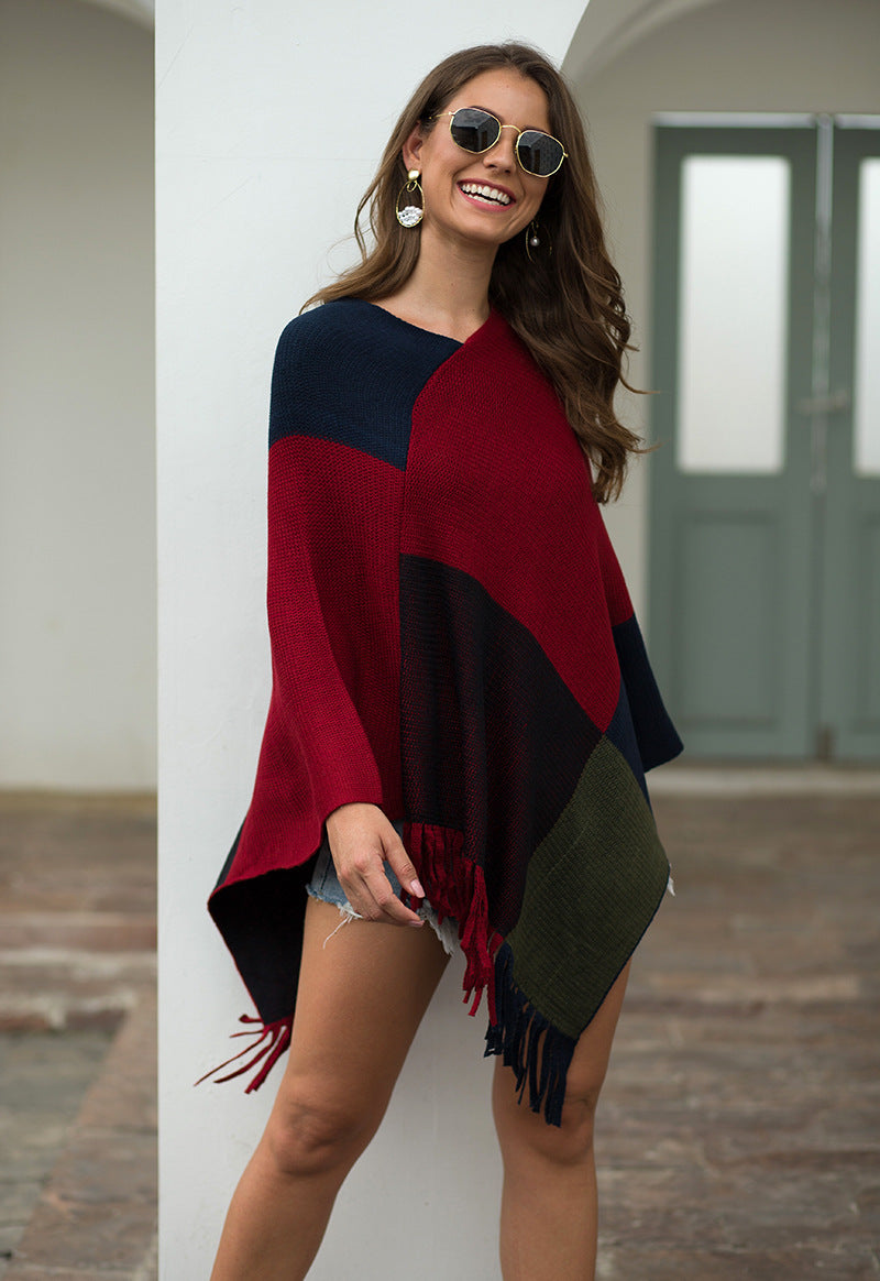 Shawl cape fringed colorblock women's coat