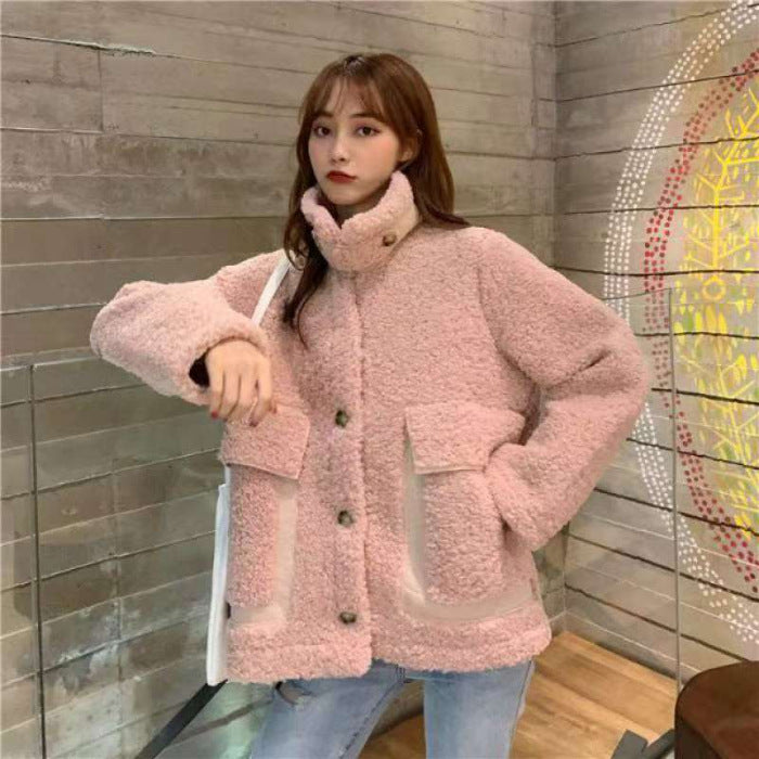 Korean Style Warm Thickened Design Autumn And Winter Faux Lamb Coat For Women