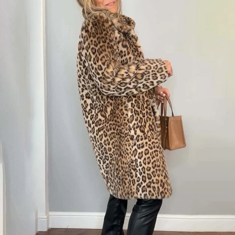 Women's Leopard Print Plush Jacket, Cozy Loose-Fit Warm Coat Elegant Medium-Length Fall Winter Outwear