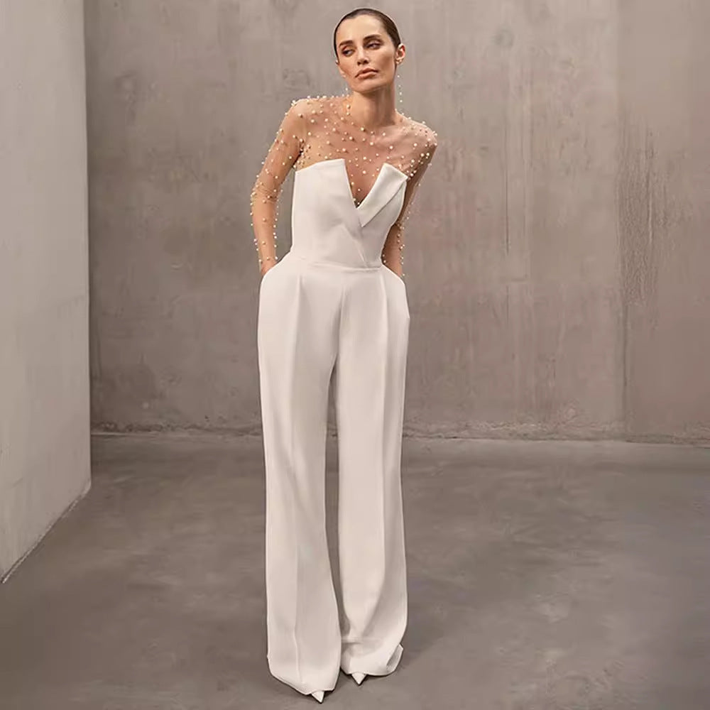Casual jumpsuit with moss mesh top