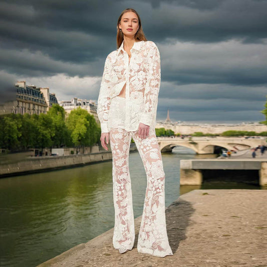 Women's Embroidered Sheer Shirt and High Waisted Pants Set