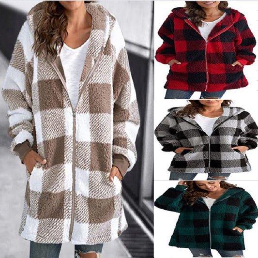 Women's Plaid Hooded Jacket, Long Sleeve Zip Up Oversized Coat With Pockets For Winter Casual And Commute