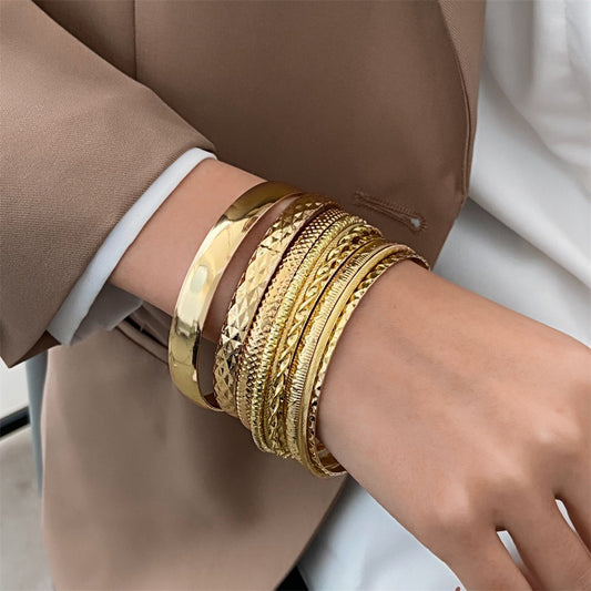 10 Pcs Retro Ethnic Style Alloy Wide Bracelets Gold Shiny