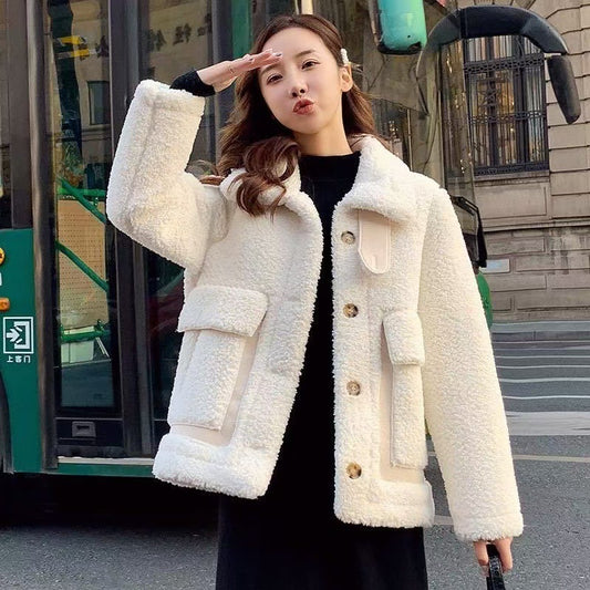 Korean Style Warm Thickened Design Autumn And Winter Faux Lamb Coat For Women