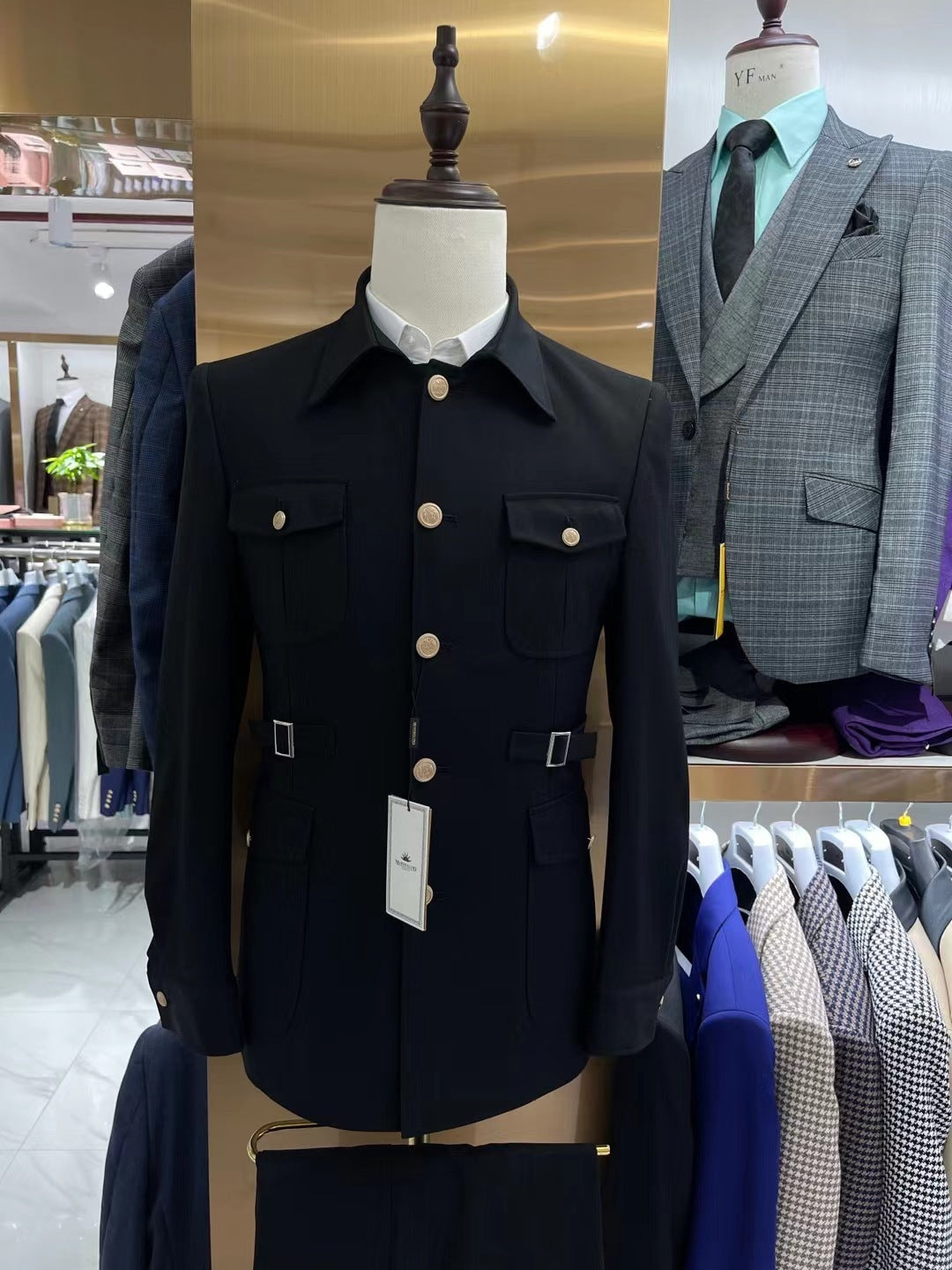 Costume coupe ajustée bleu marine pour homme, costume deux pièces