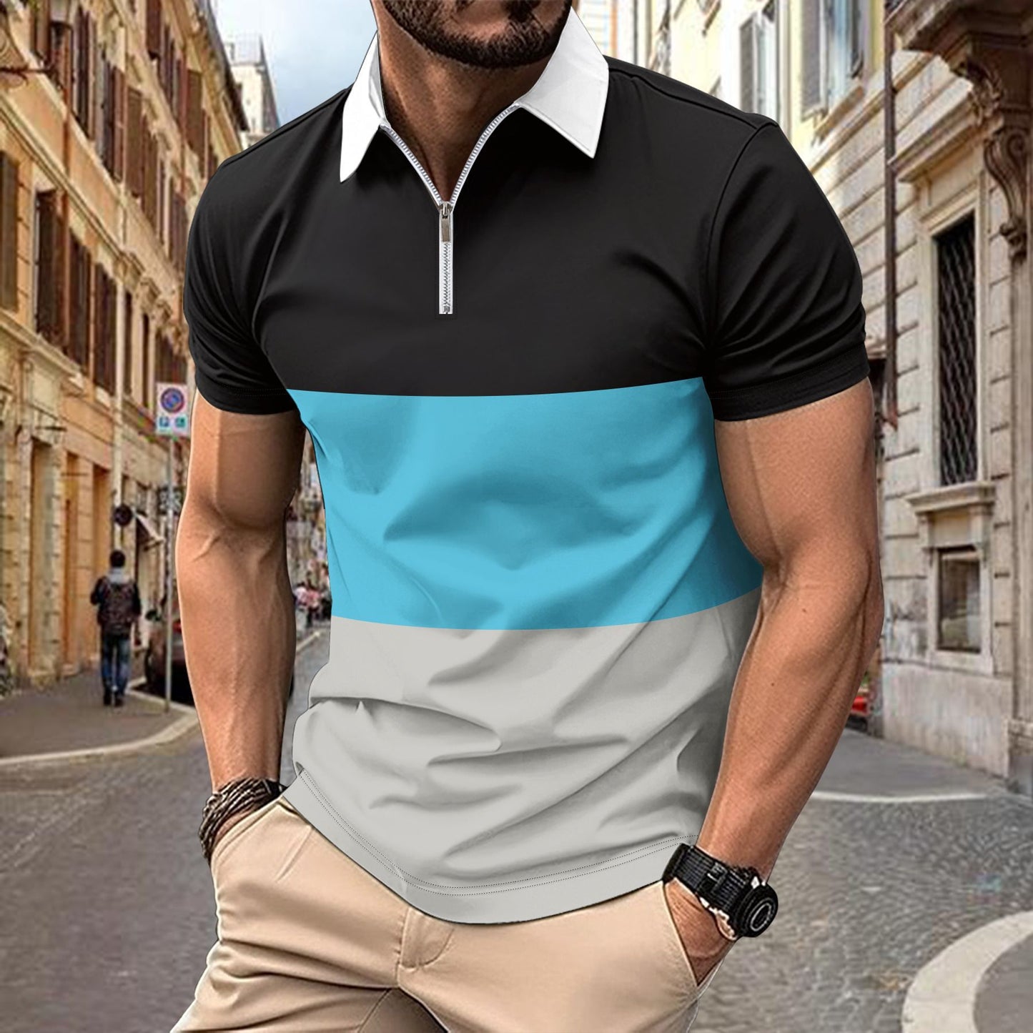 Striped printed polo shirt with zipper