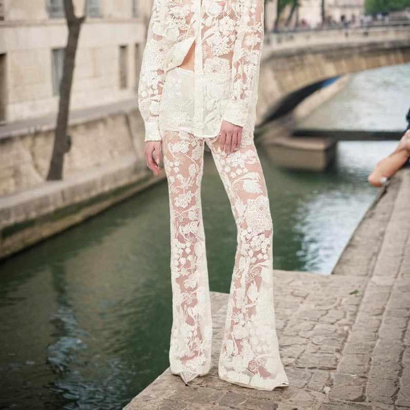 Women's Embroidered Sheer Shirt and High Waisted Pants Set