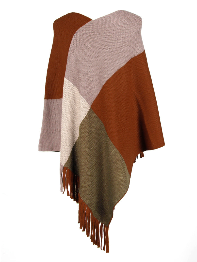 Shawl cape fringed colorblock women's coat