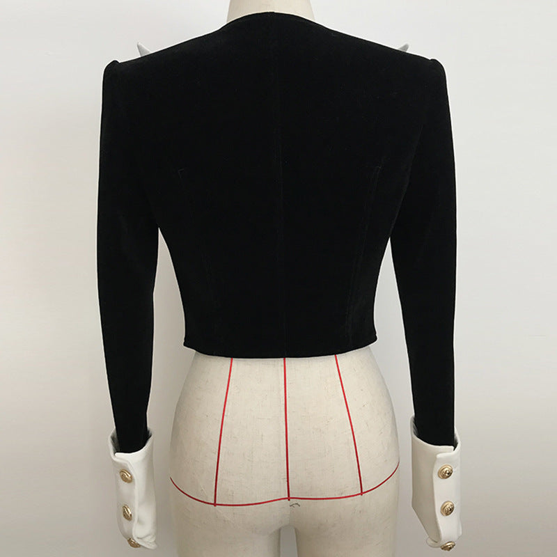 Short velvet jacket with large lapels and gold buttons