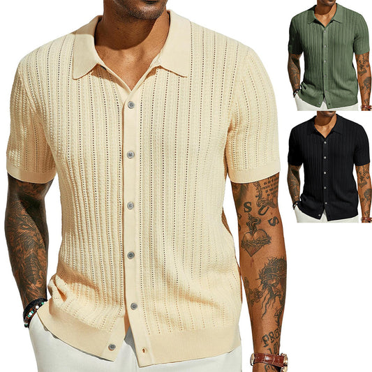 Men's Summer Knitted Shirt Short Sleeve Lapel Solid Color