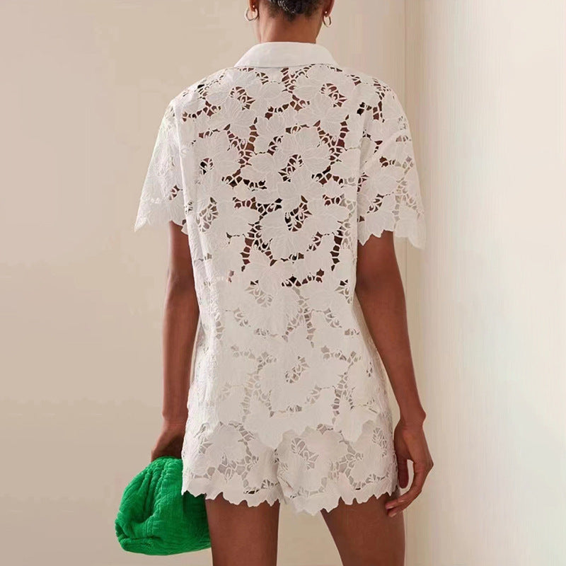 Women's Fashion Lapel Shirt, Top, Casual Shorts, Two Piece Suit