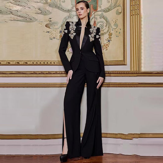 Stand-up collar blazer and slit pants suit with pearls and rhinestones