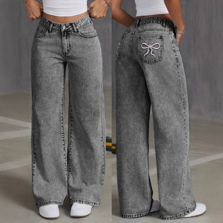 Women's Vintage Embroidered Bow Washed Jeans, Loose Straight Pants