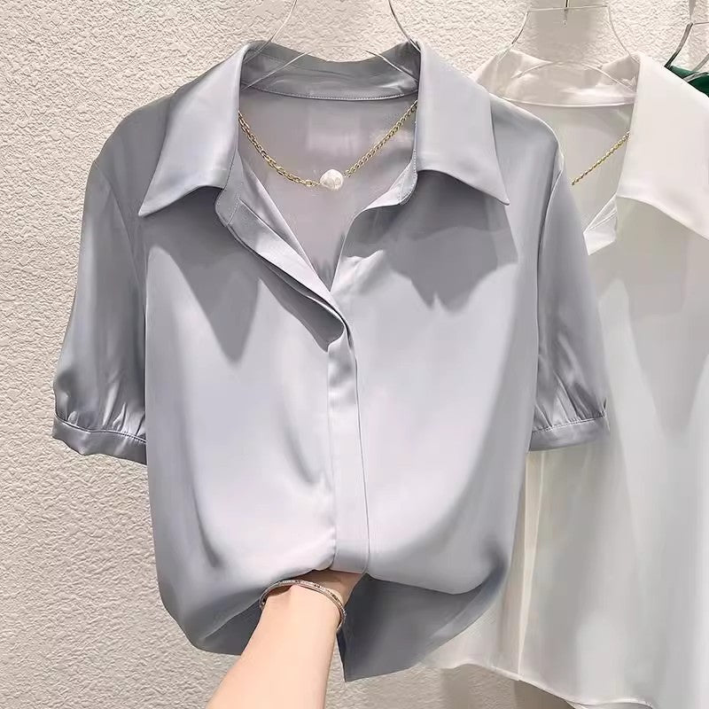 Women's Short Sleeve Satin Shirt and Skirt Set