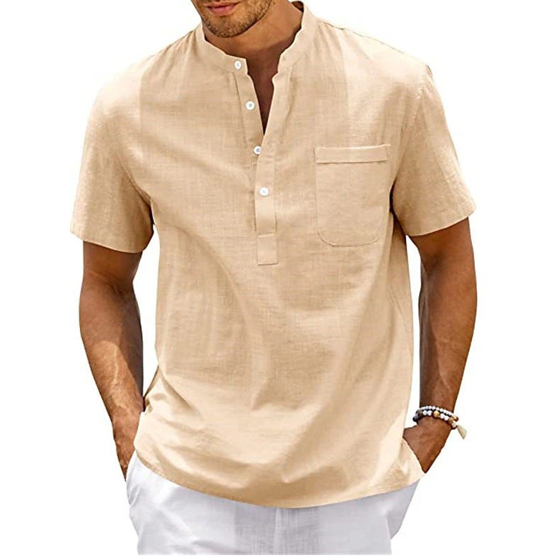 Short-sleeved shirt with stand-up collar