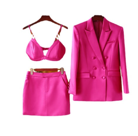 Three-piece set of high-end French suit jacket with vest and short skirt