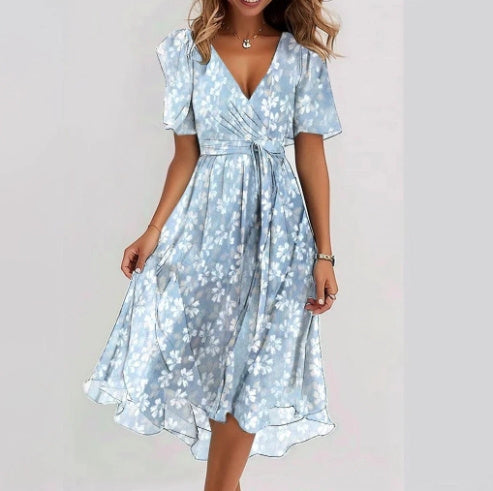 Short Sleeve Printed Chiffon Dress, Elegant V Neck Summer Dress