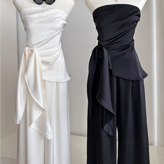 Set aus unregelmäßigem Tube-Top, Weste, hoher Taille und lässigen Hosen mit weitem Bein