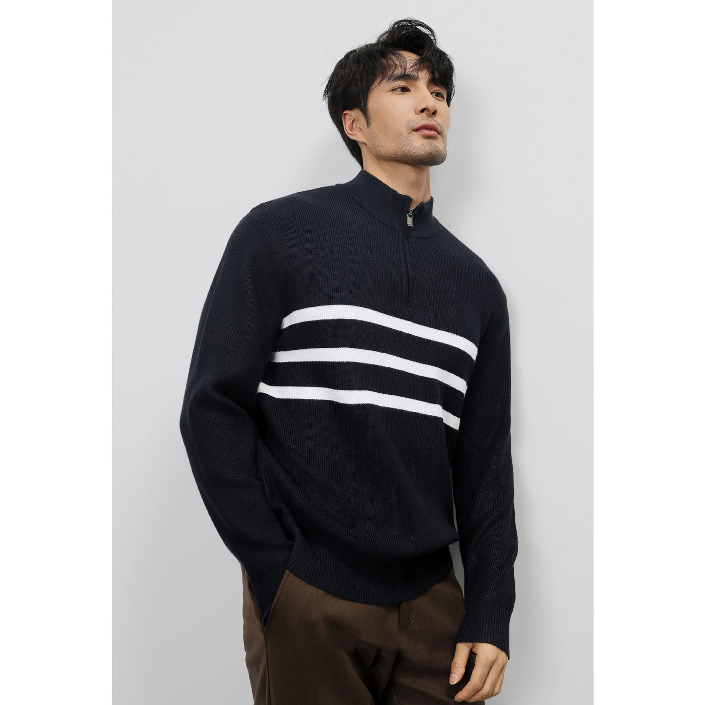 Autumn And Winter New Long-sleeved Knitted Sweater For Men Half-zip Stand-up Collar Stripe
