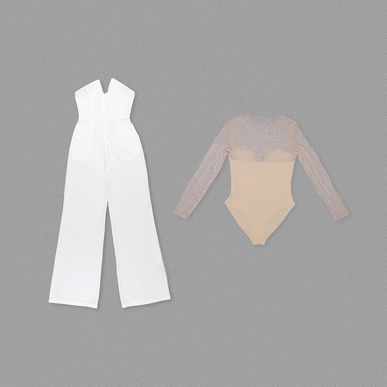 Casual jumpsuit with moss mesh top