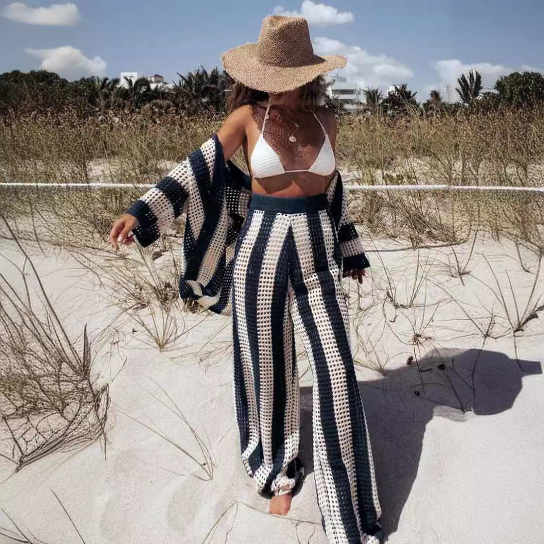 Ensemble chemise à rayures ajourée à col en V pour femme, pantalon ample en tricot à jambes larges
