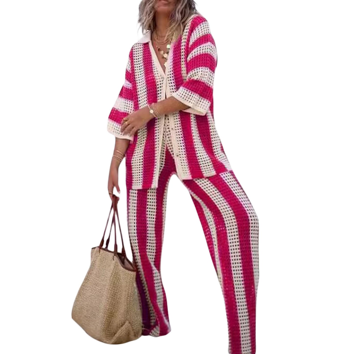 Ensemble chemise à rayures ajourée à col en V pour femme, pantalon ample en tricot à jambes larges