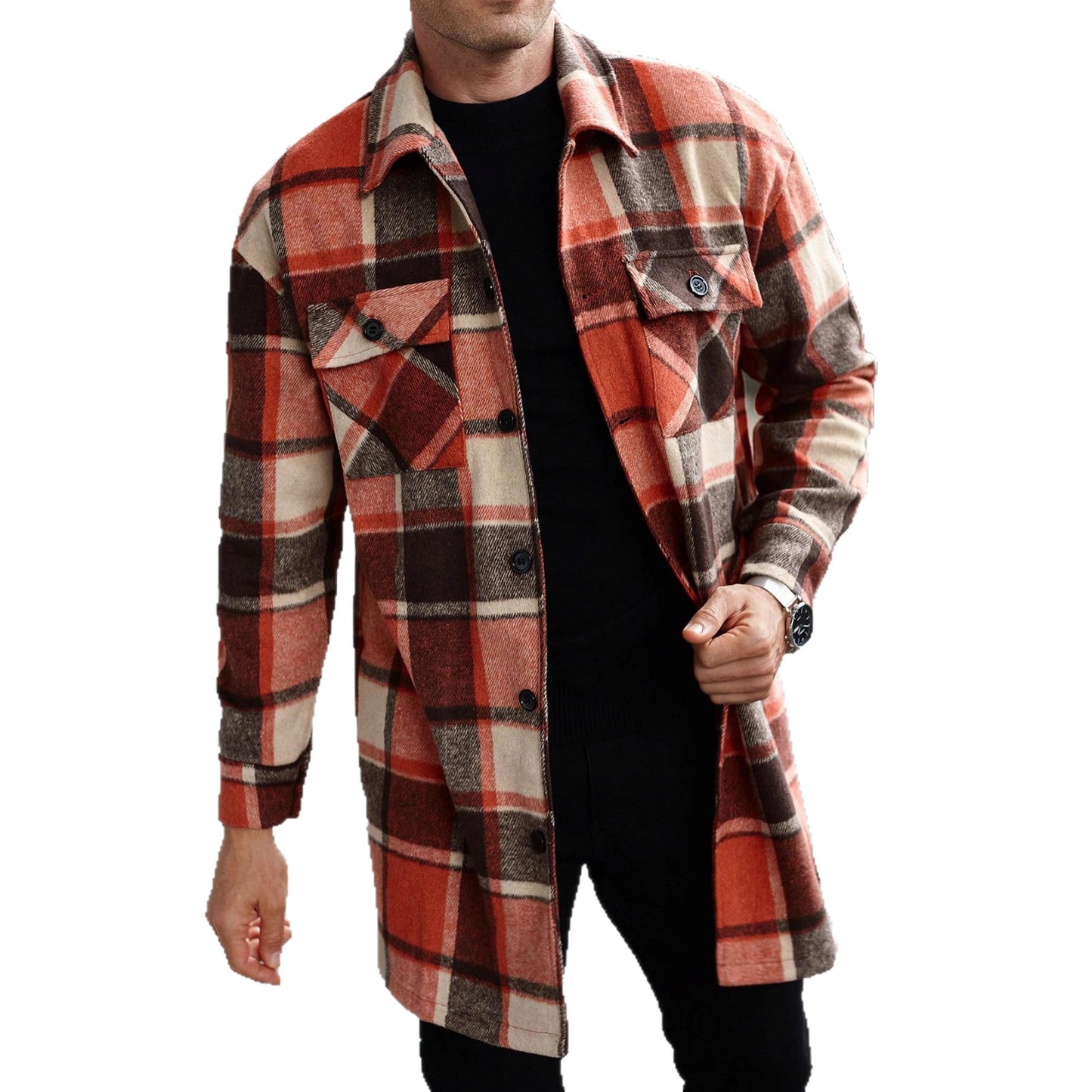 Men's Long Casual Button Shirt Jacket With Double Pockets