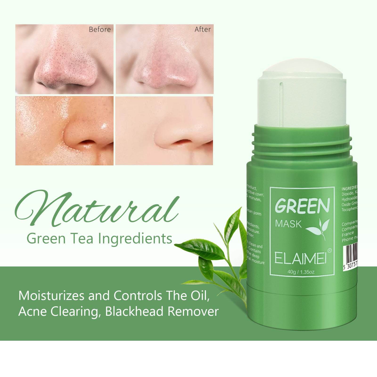 Masque nettoyant au thé vert pour points noirs et acné - Style & confort