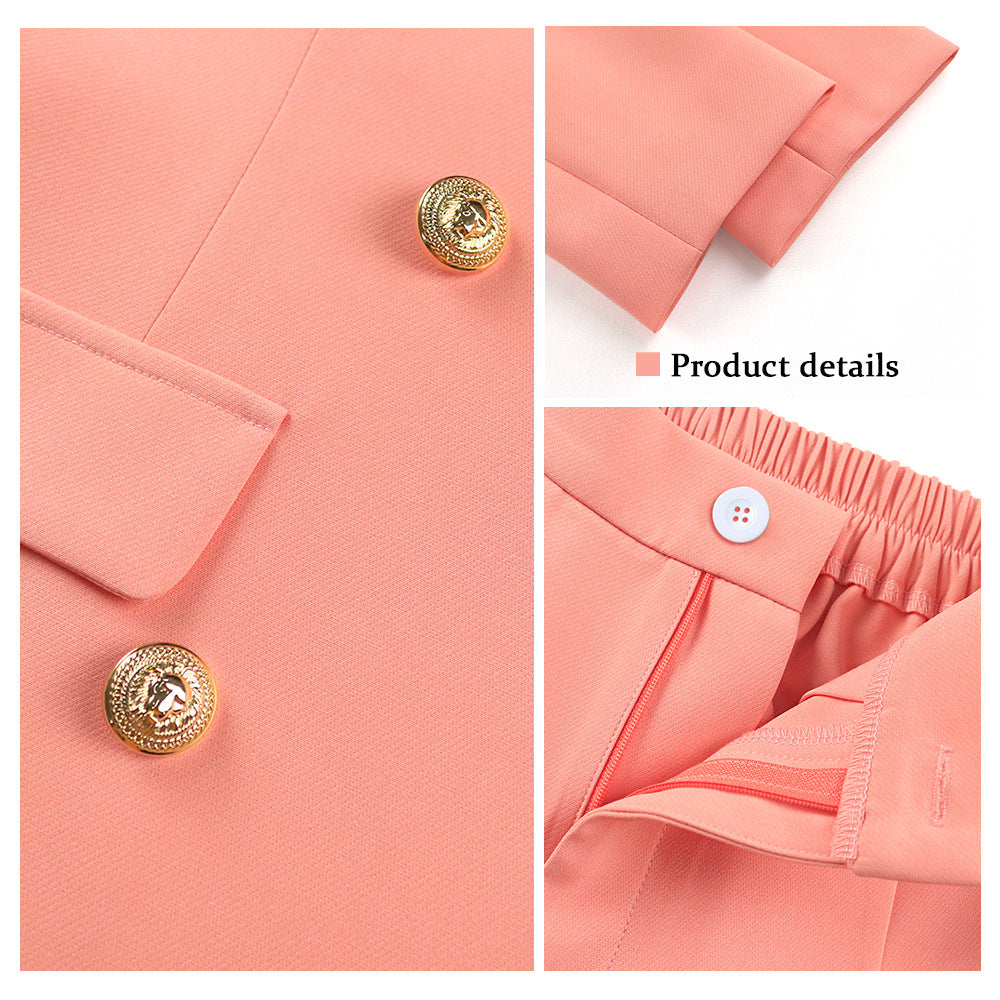 Suit: High-waisted loose-fitting pants, long-sleeved jacket with lapels
