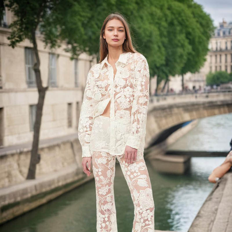 Women's Embroidered Sheer Shirt and High Waisted Pants Set