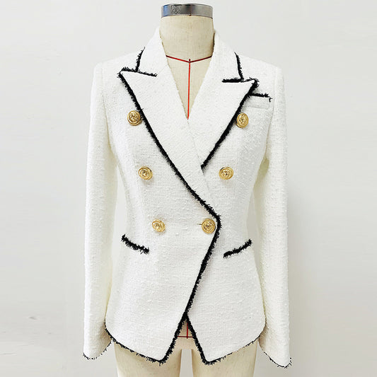 Slim double-breasted wool fringed suit jacket