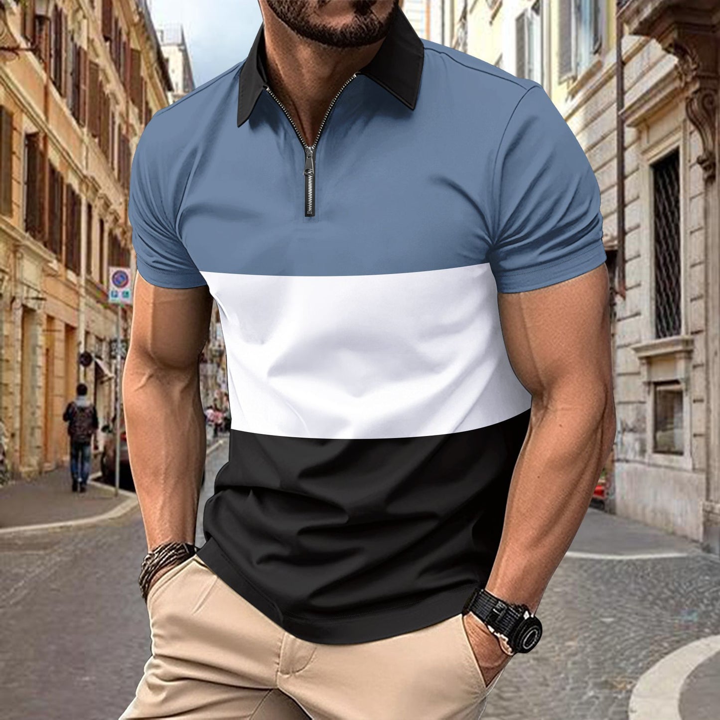 Striped printed polo shirt with zipper