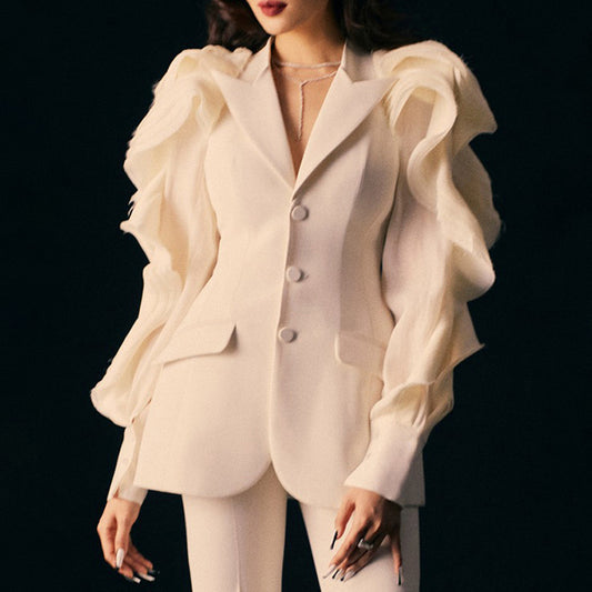 High quality suit jacket with gauze lapels and puff sleeves