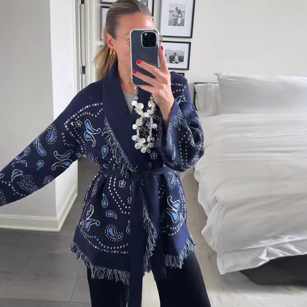 European And American Autumn And Winter New Cardigan Tassel Strap Fashion Sweater Slimming